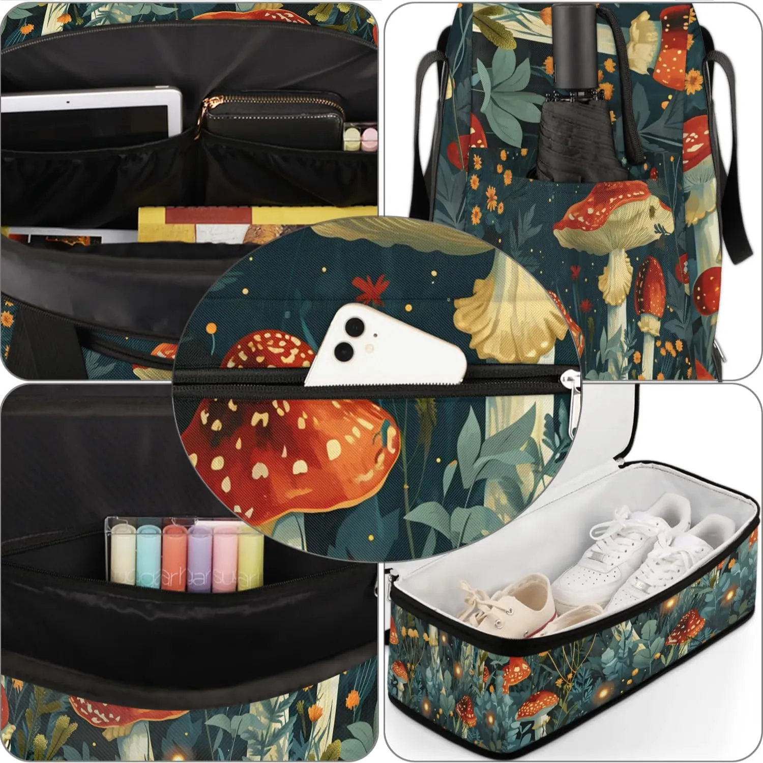 Sports Duffel Bag, Foldable Hippie Mushrooms Travel Duffel Bag, Gym Yoga Beach Bag Weekender Overnight Bag with Shoes Compartment for Men Women, Mushroom