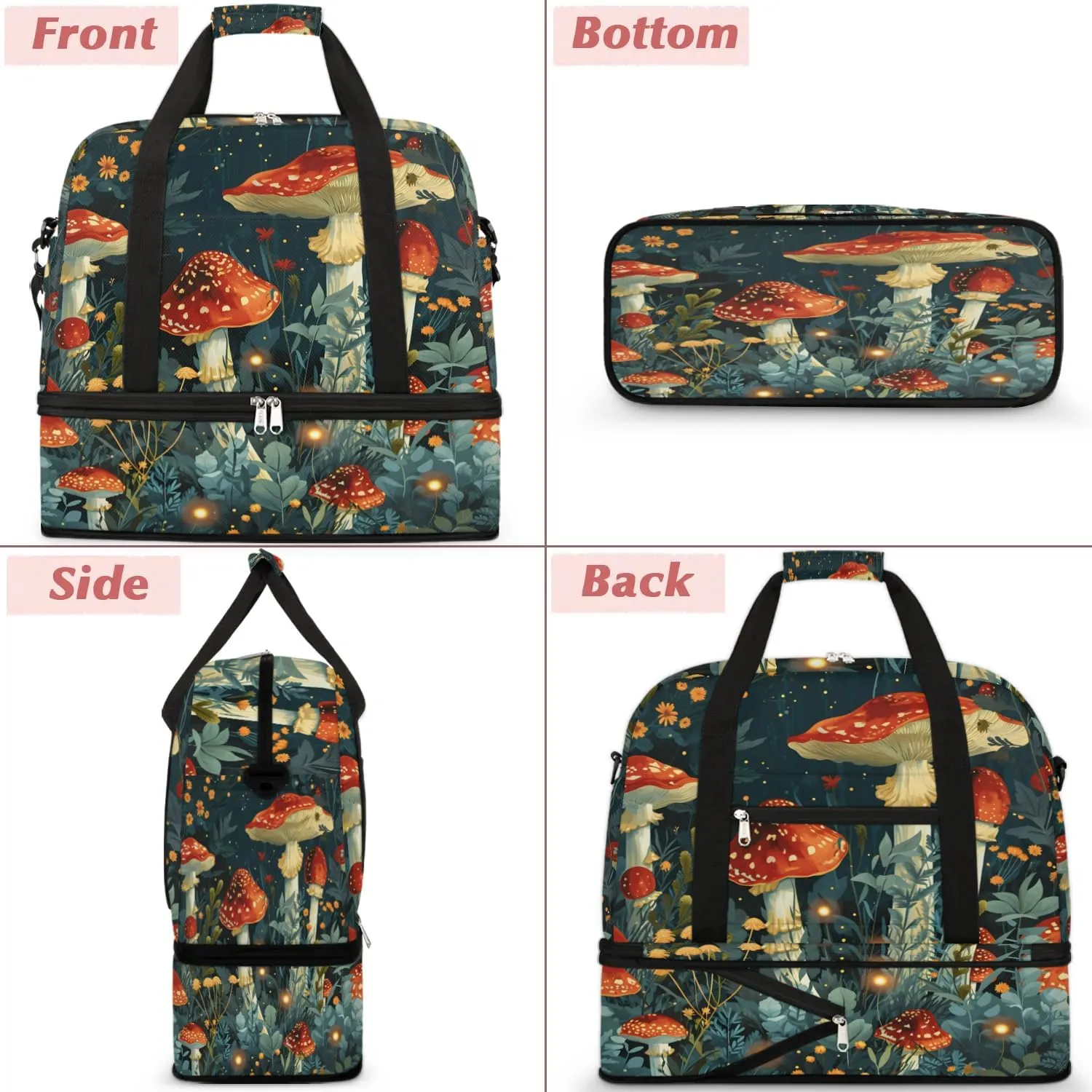 Sports Duffel Bag, Foldable Hippie Mushrooms Travel Duffel Bag, Gym Yoga Beach Bag Weekender Overnight Bag with Shoes Compartment for Men Women, Mushroom