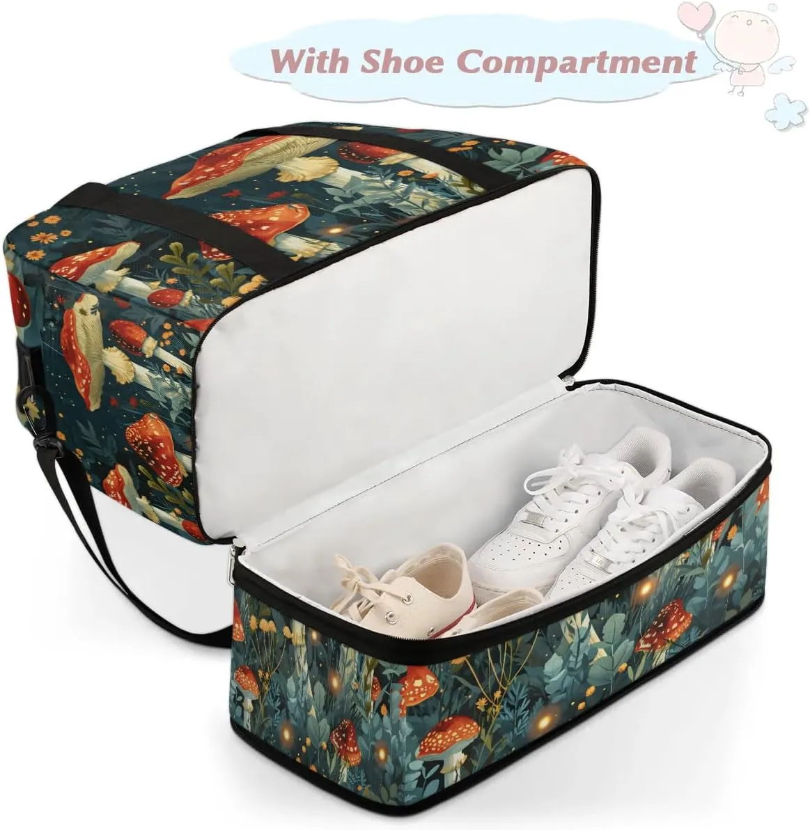 Sports Duffel Bag, Foldable Hippie Mushrooms Travel Duffel Bag, Gym Yoga Beach Bag Weekender Overnight Bag with Shoes Compartment for Men Women, Mushroom