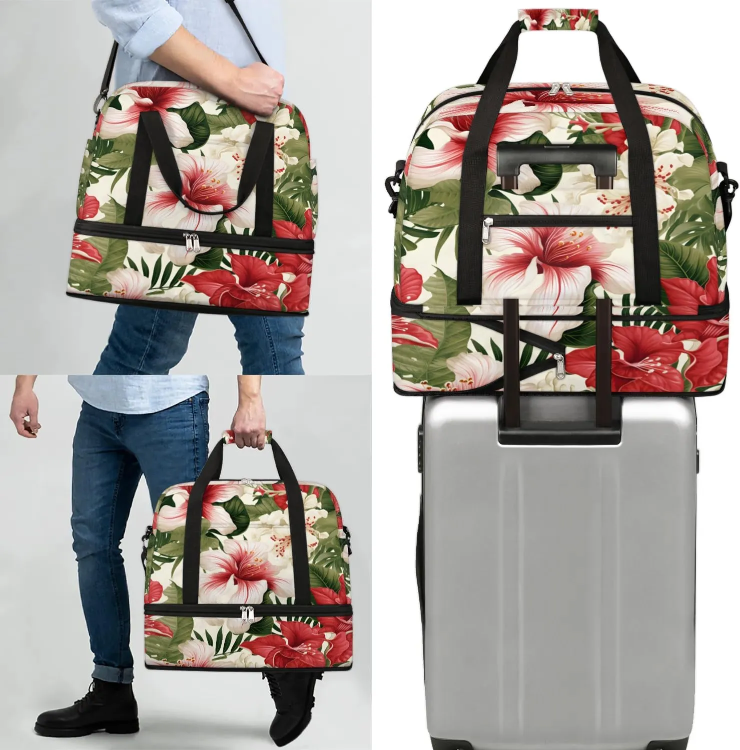 Sports Duffel Bag, Foldable Leaves Lily Travel Duffel Bag, Gym Yoga Beach Bag Weekender Overnight Bag with Shoes Compartment for Men Women, Colorful Tropical Palm Leaves