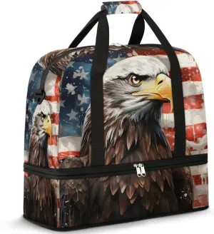 Sports Duffel Bag, Foldable Memorial Day Travel Duffel Bag, Gym Yoga Beach Bag Weekender Overnight Bag with Shoes Compartment for Men Women, Eagles American Flag