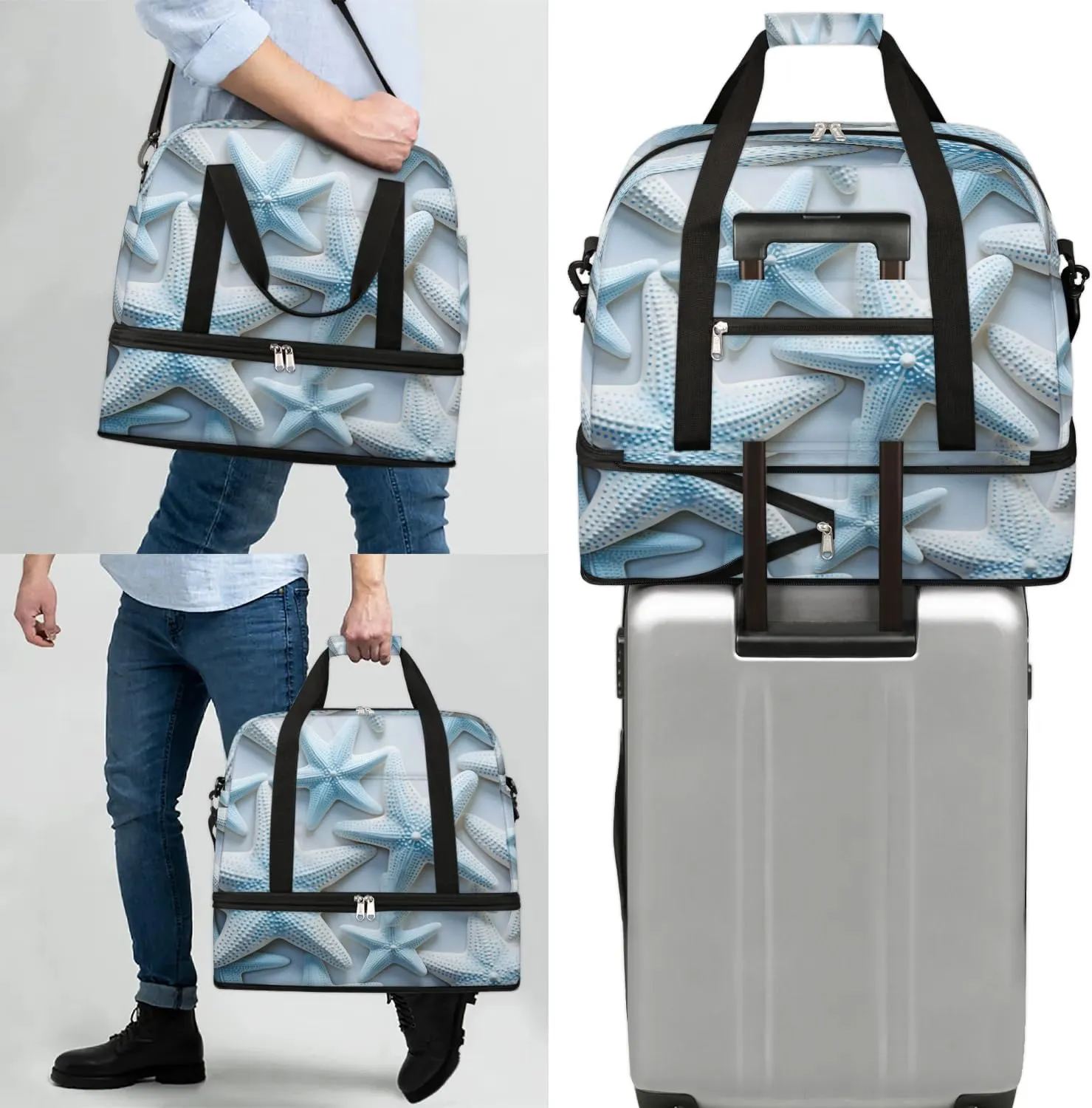Sports Duffel Bag, Foldable Nautical Coastal Travel Duffel Bag, Gym Yoga Beach Bag Weekender Overnight Bag with Shoes Compartment for Men Women, Ocean Starfish