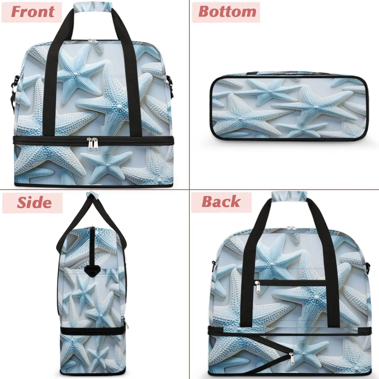 Sports Duffel Bag, Foldable Nautical Coastal Travel Duffel Bag, Gym Yoga Beach Bag Weekender Overnight Bag with Shoes Compartment for Men Women, Ocean Starfish