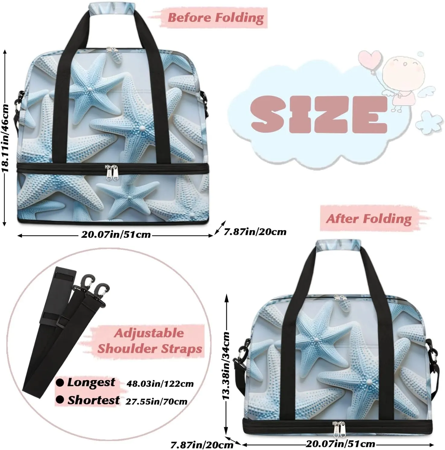 Sports Duffel Bag, Foldable Nautical Coastal Travel Duffel Bag, Gym Yoga Beach Bag Weekender Overnight Bag with Shoes Compartment for Men Women, Ocean Starfish