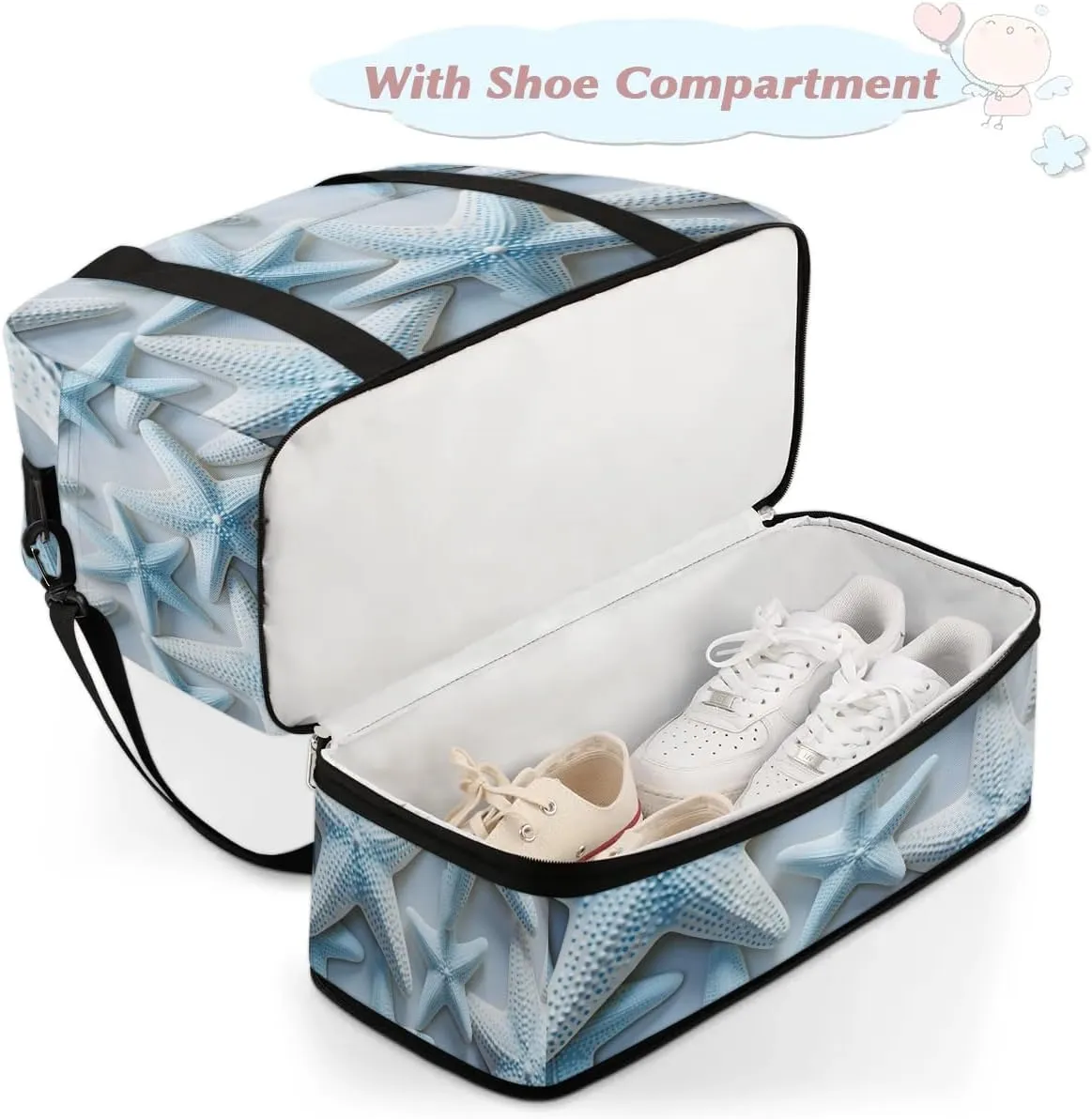 Sports Duffel Bag, Foldable Nautical Coastal Travel Duffel Bag, Gym Yoga Beach Bag Weekender Overnight Bag with Shoes Compartment for Men Women, Ocean Starfish
