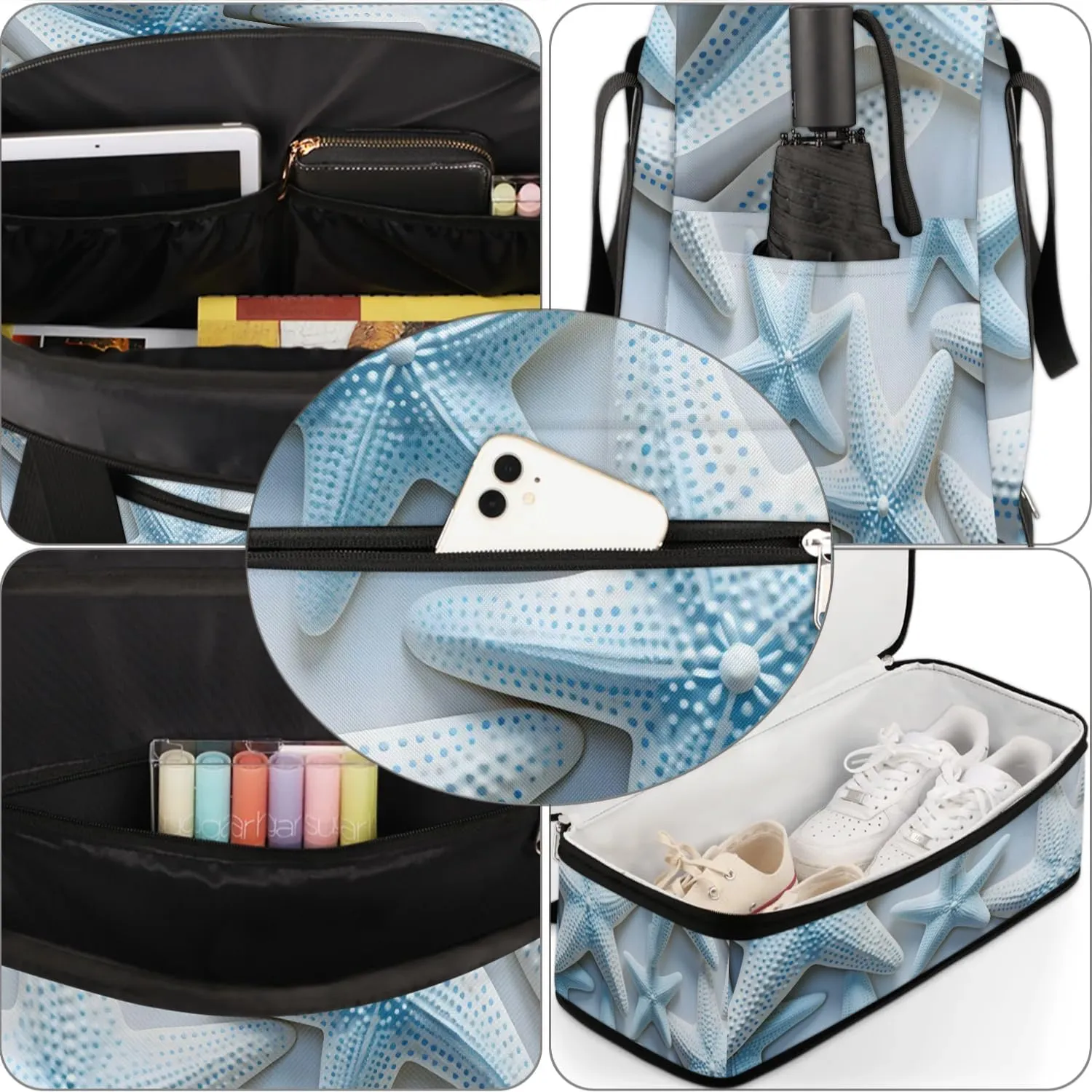 Sports Duffel Bag, Foldable Nautical Coastal Travel Duffel Bag, Gym Yoga Beach Bag Weekender Overnight Bag with Shoes Compartment for Men Women, Ocean Starfish