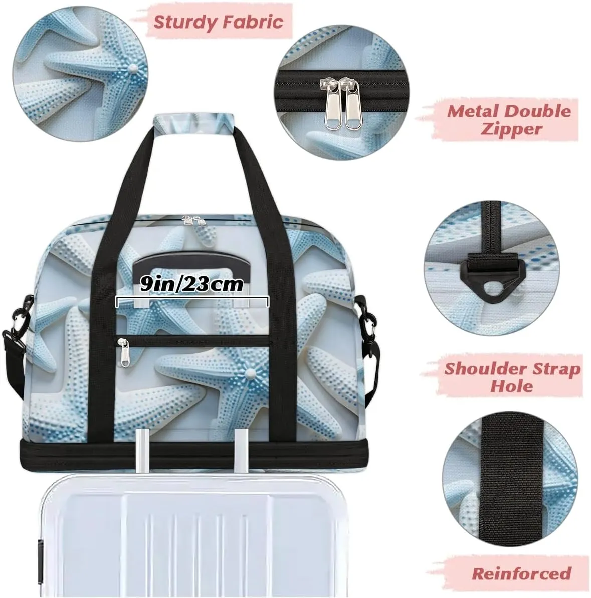 Sports Duffel Bag, Foldable Nautical Coastal Travel Duffel Bag, Gym Yoga Beach Bag Weekender Overnight Bag with Shoes Compartment for Men Women, Ocean Starfish