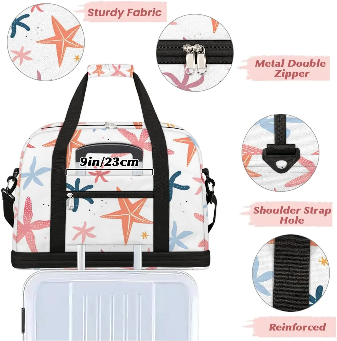 Sports Duffel Bag, Foldable Nautical Coastal Travel Duffel Bag, Gym Yoga Beach Bag Weekender Overnight Bag with Shoes Compartment for Men Women, Starfish