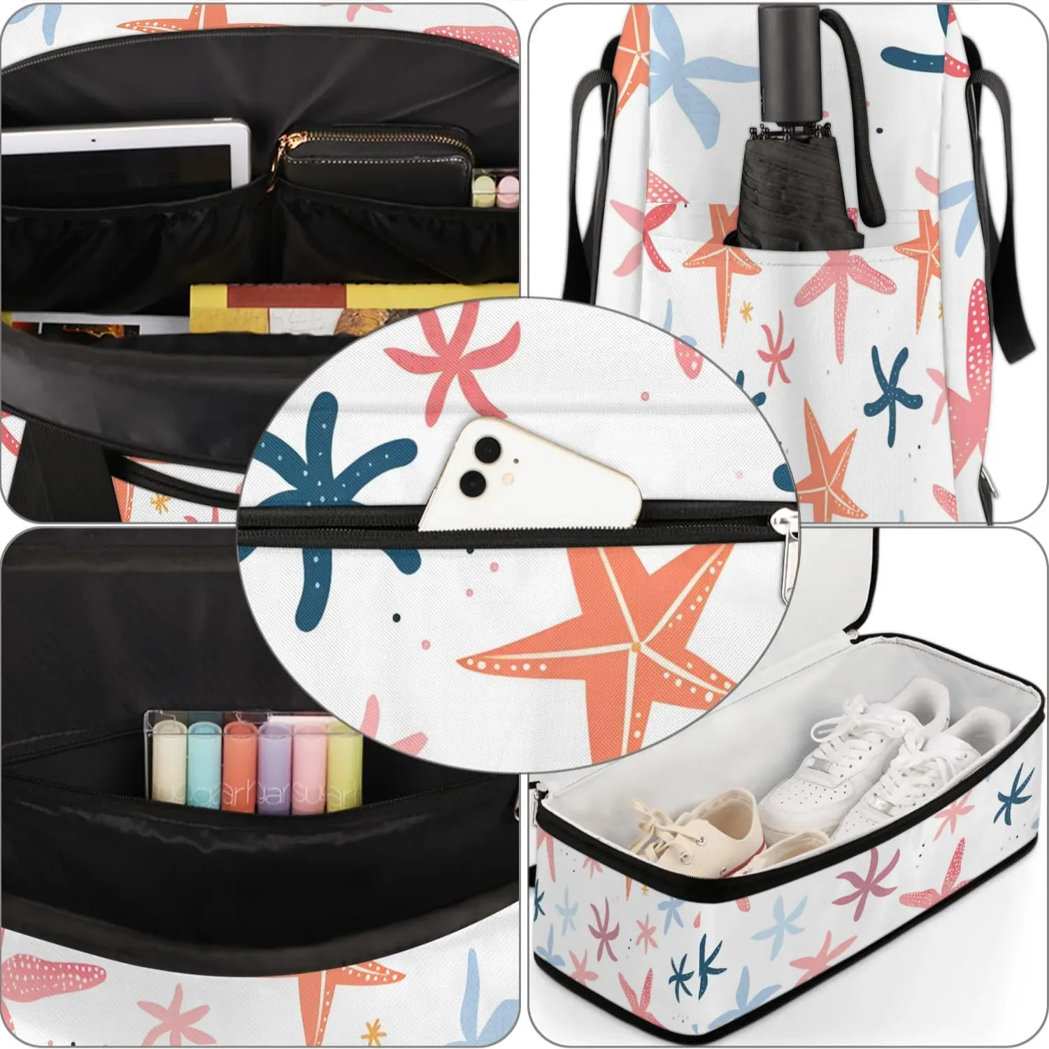 Sports Duffel Bag, Foldable Nautical Coastal Travel Duffel Bag, Gym Yoga Beach Bag Weekender Overnight Bag with Shoes Compartment for Men Women, Starfish