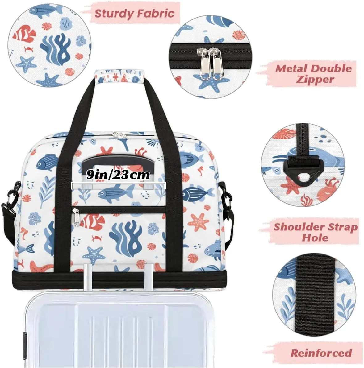 Sports Duffel Bag, Foldable Nautical Coastal Travel Duffel Bag, Gym Yoga Beach Bag Weekender Overnight Bag with Shoes Compartment for Men Women, Starfish