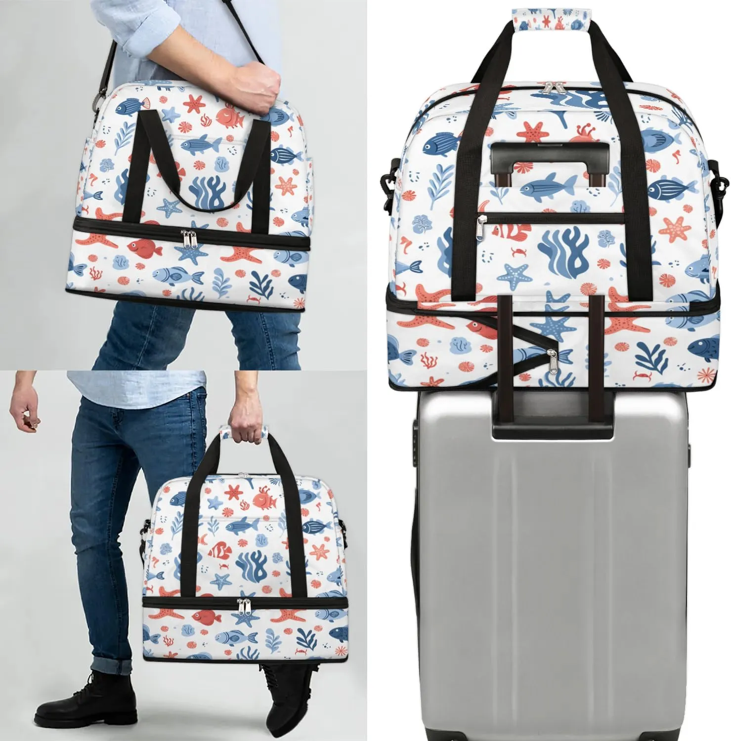 Sports Duffel Bag, Foldable Nautical Coastal Travel Duffel Bag, Gym Yoga Beach Bag Weekender Overnight Bag with Shoes Compartment for Men Women, Starfish