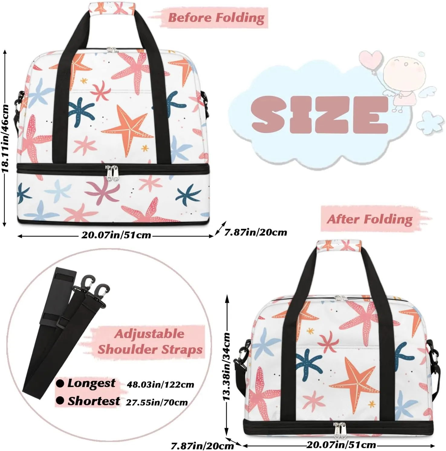 Sports Duffel Bag, Foldable Nautical Coastal Travel Duffel Bag, Gym Yoga Beach Bag Weekender Overnight Bag with Shoes Compartment for Men Women, Starfish