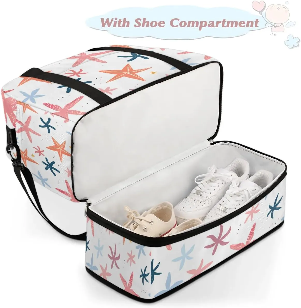 Sports Duffel Bag, Foldable Nautical Coastal Travel Duffel Bag, Gym Yoga Beach Bag Weekender Overnight Bag with Shoes Compartment for Men Women, Starfish