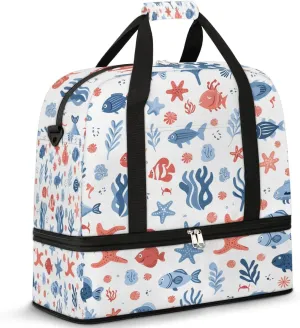 Sports Duffel Bag, Foldable Nautical Coastal Travel Duffel Bag, Gym Yoga Beach Bag Weekender Overnight Bag with Shoes Compartment for Men Women, Starfish
