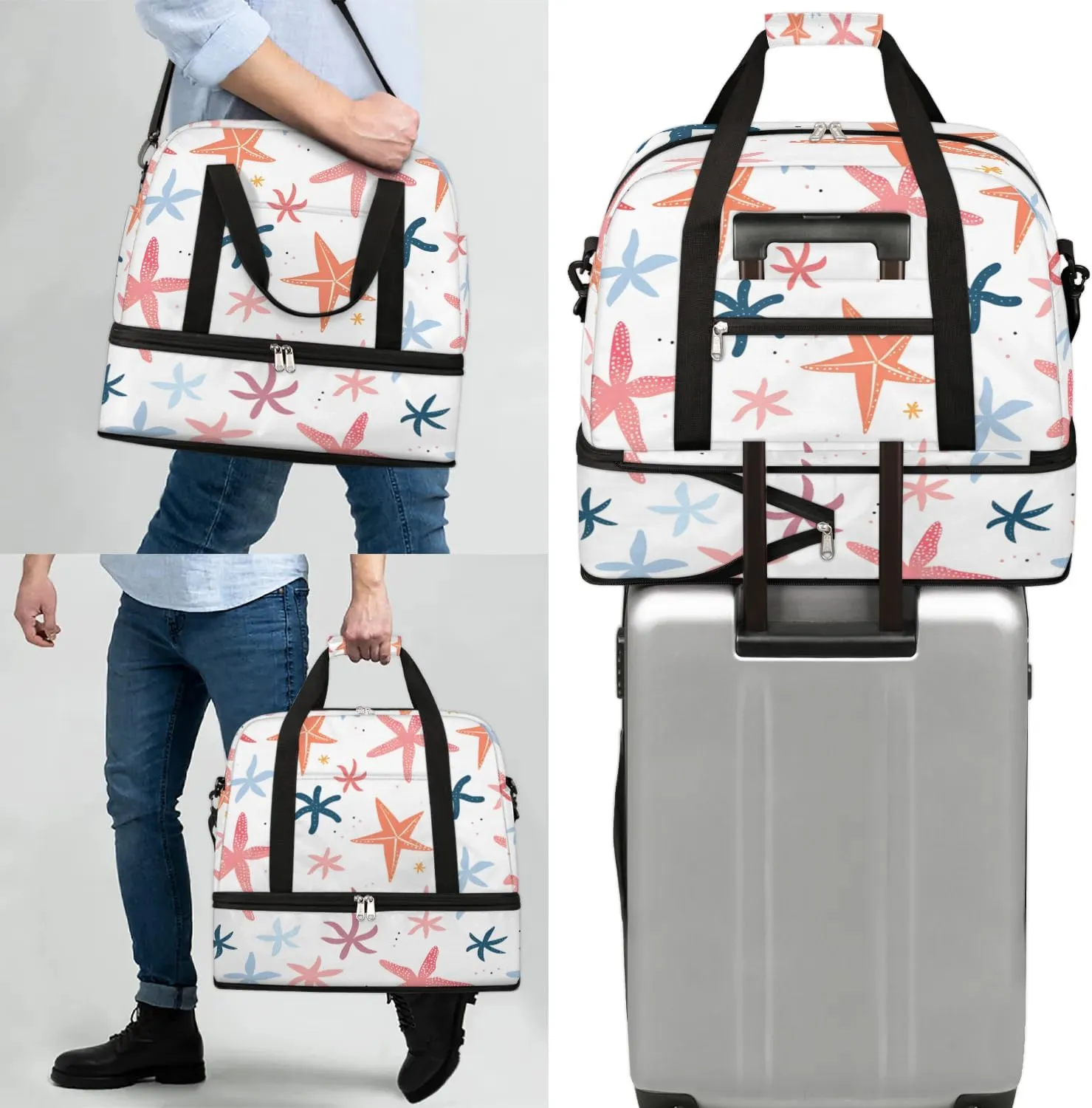 Sports Duffel Bag, Foldable Nautical Coastal Travel Duffel Bag, Gym Yoga Beach Bag Weekender Overnight Bag with Shoes Compartment for Men Women, Starfish