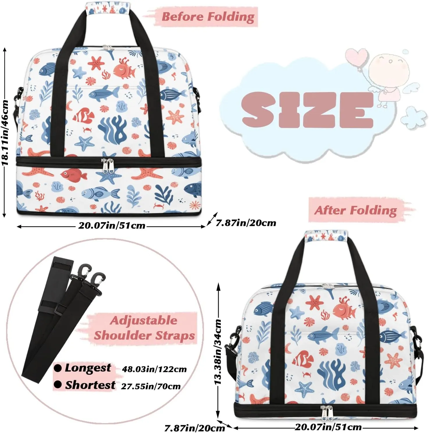Sports Duffel Bag, Foldable Nautical Coastal Travel Duffel Bag, Gym Yoga Beach Bag Weekender Overnight Bag with Shoes Compartment for Men Women, Starfish