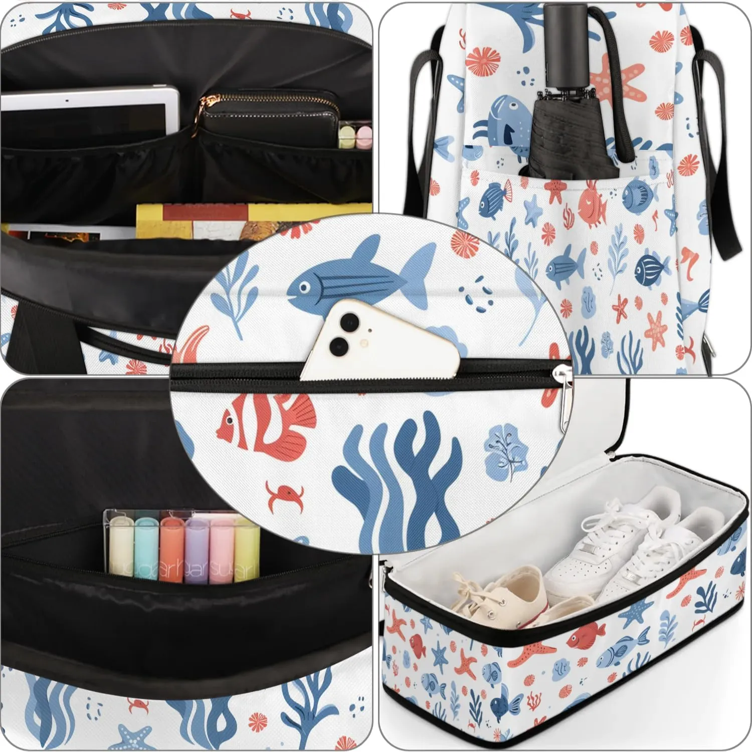 Sports Duffel Bag, Foldable Nautical Coastal Travel Duffel Bag, Gym Yoga Beach Bag Weekender Overnight Bag with Shoes Compartment for Men Women, Starfish