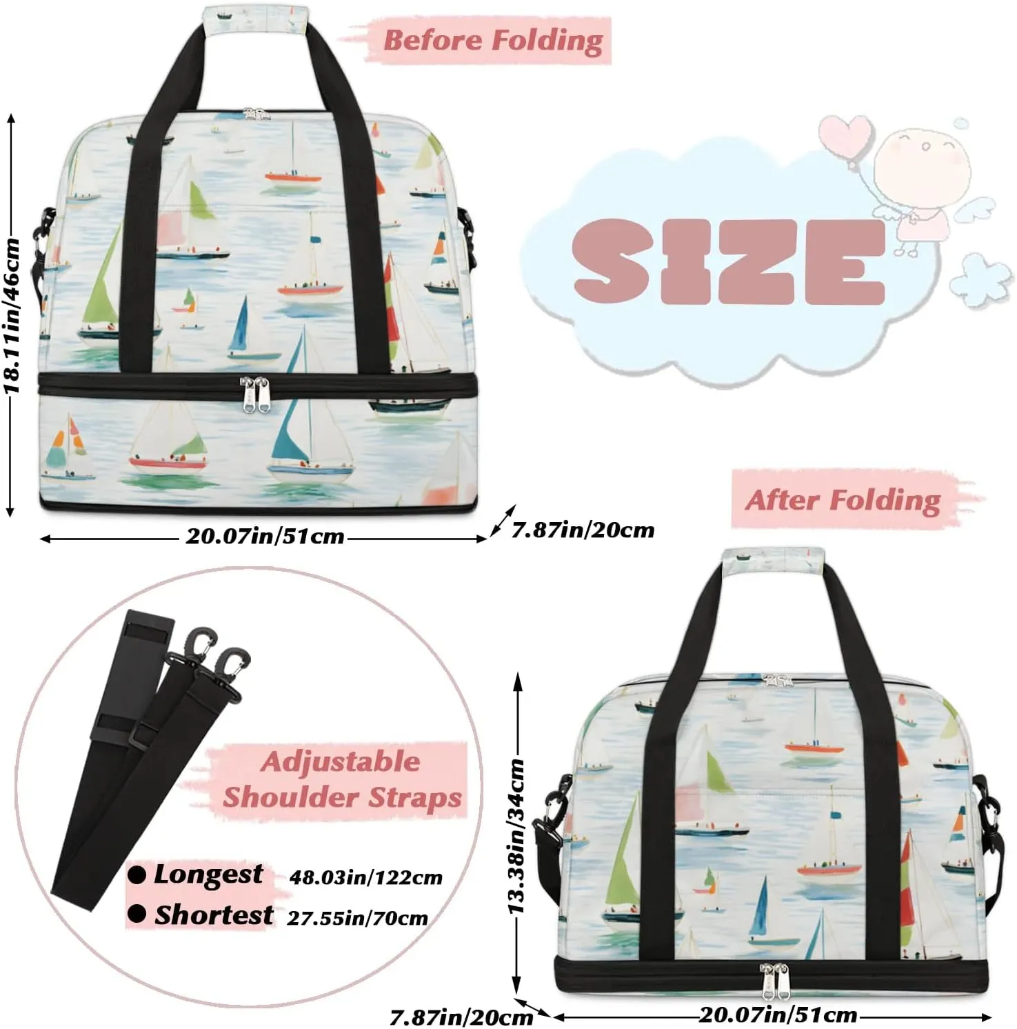 Sports Duffel Bag, Foldable Nautical Sailboat Travel Duffel Bag, Gym Yoga Beach Bag Weekender Overnight Bag with Shoes Compartment for Men Women, Cartoon Sailboat