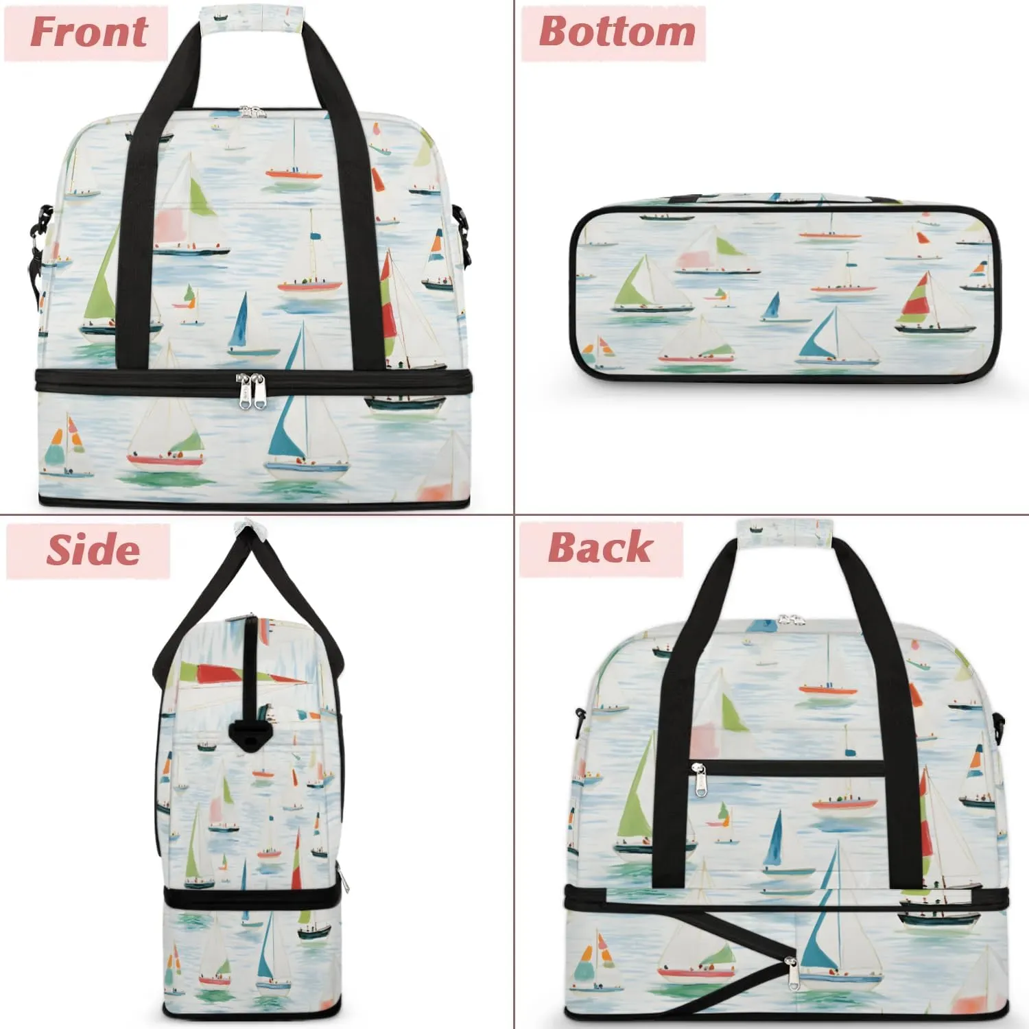 Sports Duffel Bag, Foldable Nautical Sailboat Travel Duffel Bag, Gym Yoga Beach Bag Weekender Overnight Bag with Shoes Compartment for Men Women, Cartoon Sailboat