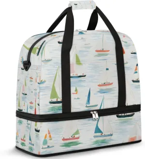 Sports Duffel Bag, Foldable Nautical Sailboat Travel Duffel Bag, Gym Yoga Beach Bag Weekender Overnight Bag with Shoes Compartment for Men Women, Cartoon Sailboat