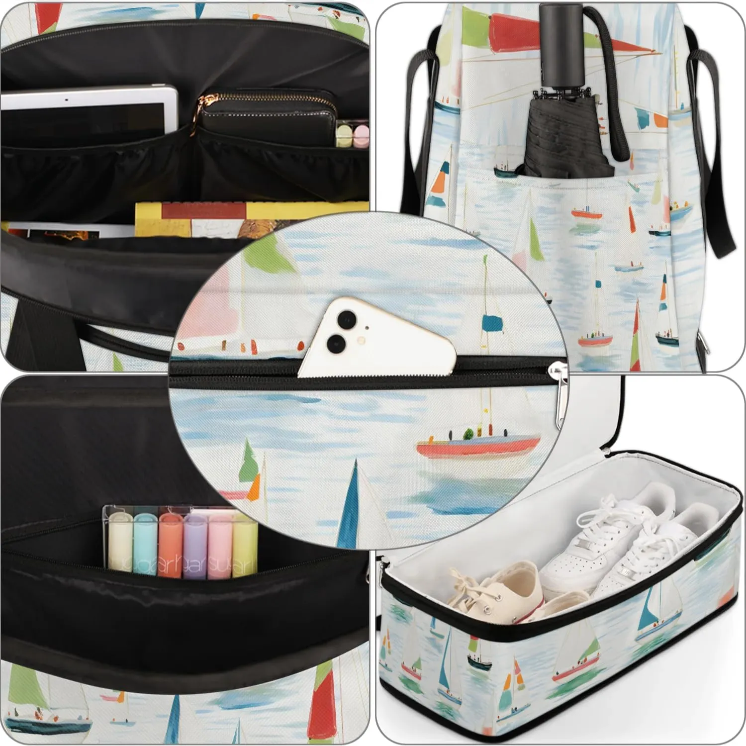 Sports Duffel Bag, Foldable Nautical Sailboat Travel Duffel Bag, Gym Yoga Beach Bag Weekender Overnight Bag with Shoes Compartment for Men Women, Cartoon Sailboat