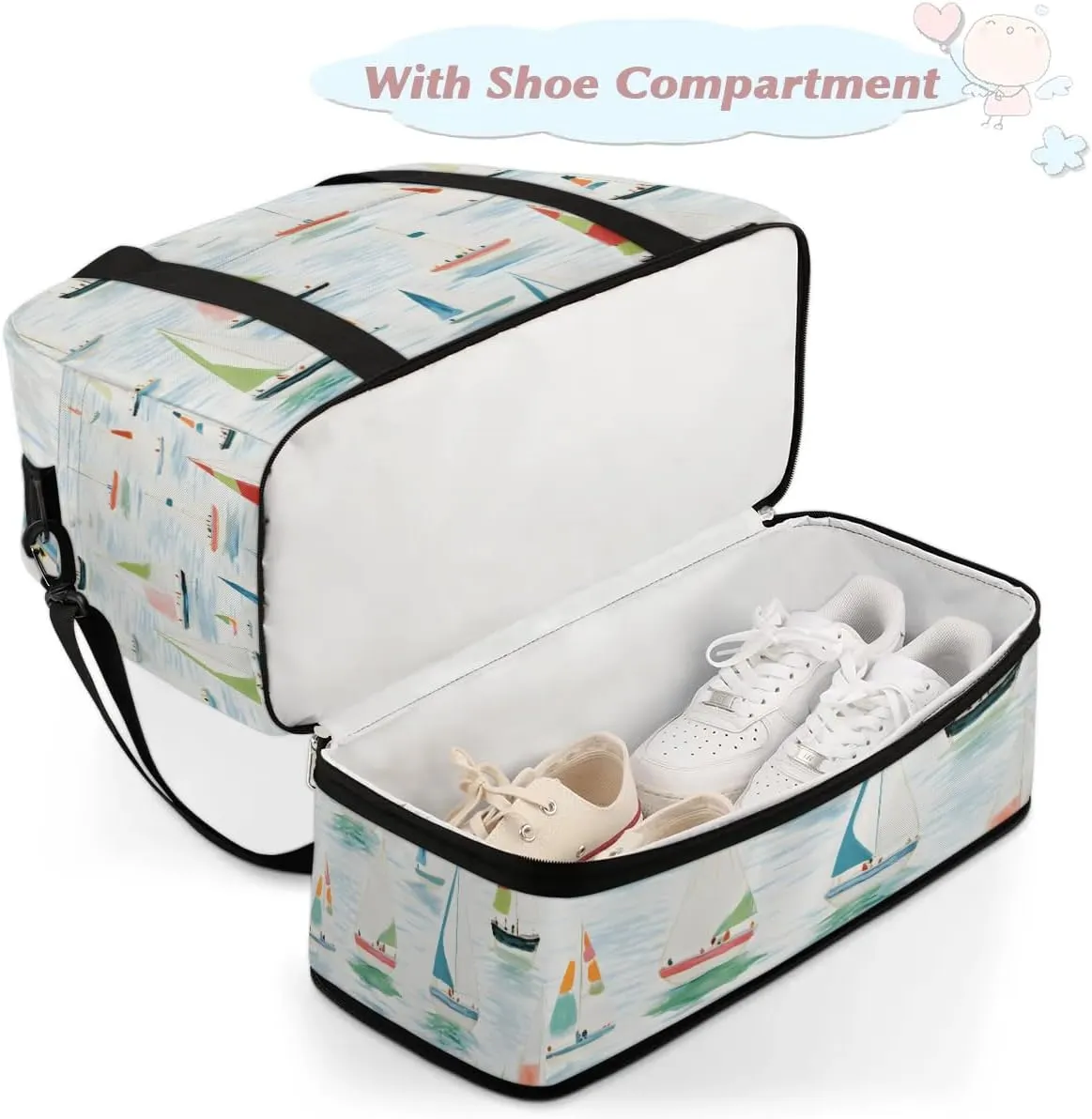 Sports Duffel Bag, Foldable Nautical Sailboat Travel Duffel Bag, Gym Yoga Beach Bag Weekender Overnight Bag with Shoes Compartment for Men Women, Cartoon Sailboat