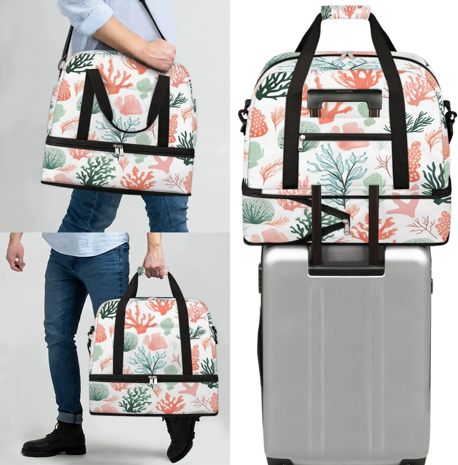 Sports Duffel Bag, Foldable Ocean Coral Travel Duffel Bag, Gym Yoga Beach Bag Weekender Overnight Bag with Shoes Compartment for Men Women, Naturall Coral