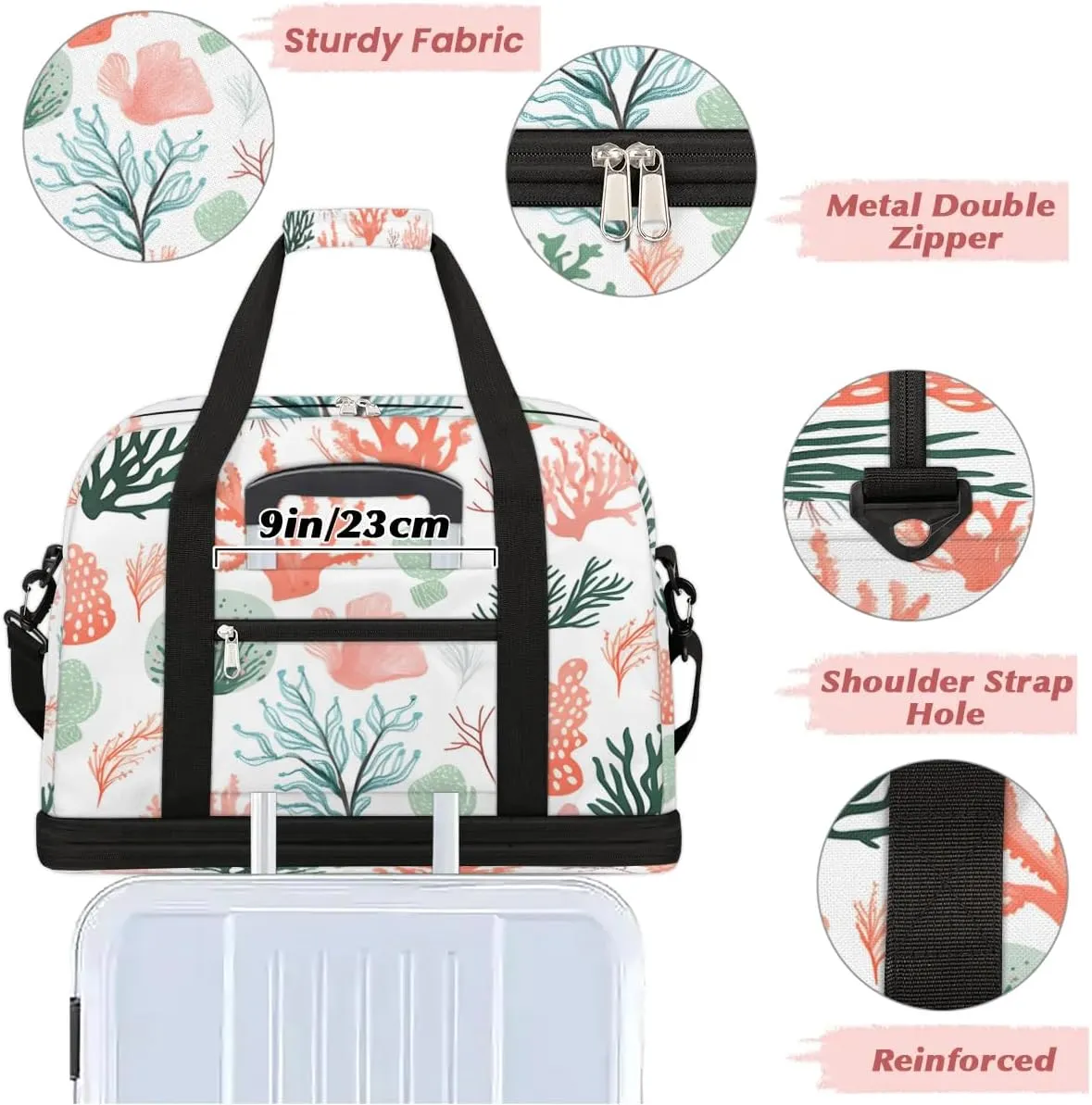 Sports Duffel Bag, Foldable Ocean Coral Travel Duffel Bag, Gym Yoga Beach Bag Weekender Overnight Bag with Shoes Compartment for Men Women, Naturall Coral
