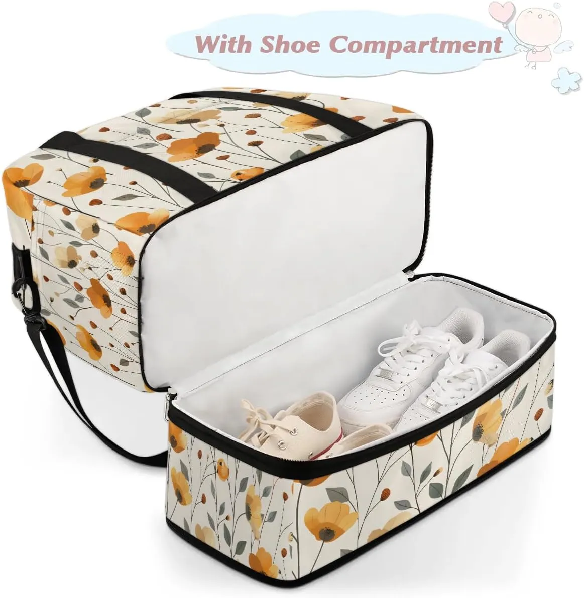 Sports Duffel Bag, Foldable Orange Flower Travel Duffel Bag, Gym Yoga Beach Bag Weekender Overnight Bag with Shoes Compartment for Men Women, Rustic Poppy Floral Farmhouse