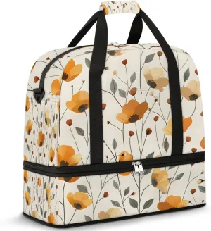 Sports Duffel Bag, Foldable Orange Flower Travel Duffel Bag, Gym Yoga Beach Bag Weekender Overnight Bag with Shoes Compartment for Men Women, Rustic Poppy Floral Farmhouse