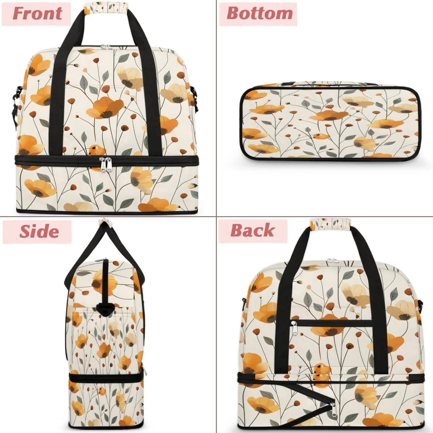 Sports Duffel Bag, Foldable Orange Flower Travel Duffel Bag, Gym Yoga Beach Bag Weekender Overnight Bag with Shoes Compartment for Men Women, Rustic Poppy Floral Farmhouse