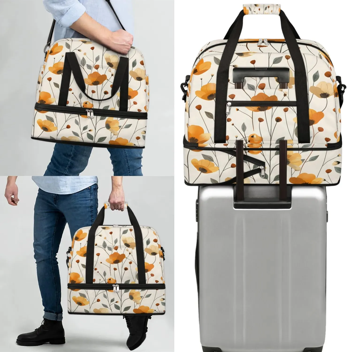 Sports Duffel Bag, Foldable Orange Flower Travel Duffel Bag, Gym Yoga Beach Bag Weekender Overnight Bag with Shoes Compartment for Men Women, Rustic Poppy Floral Farmhouse