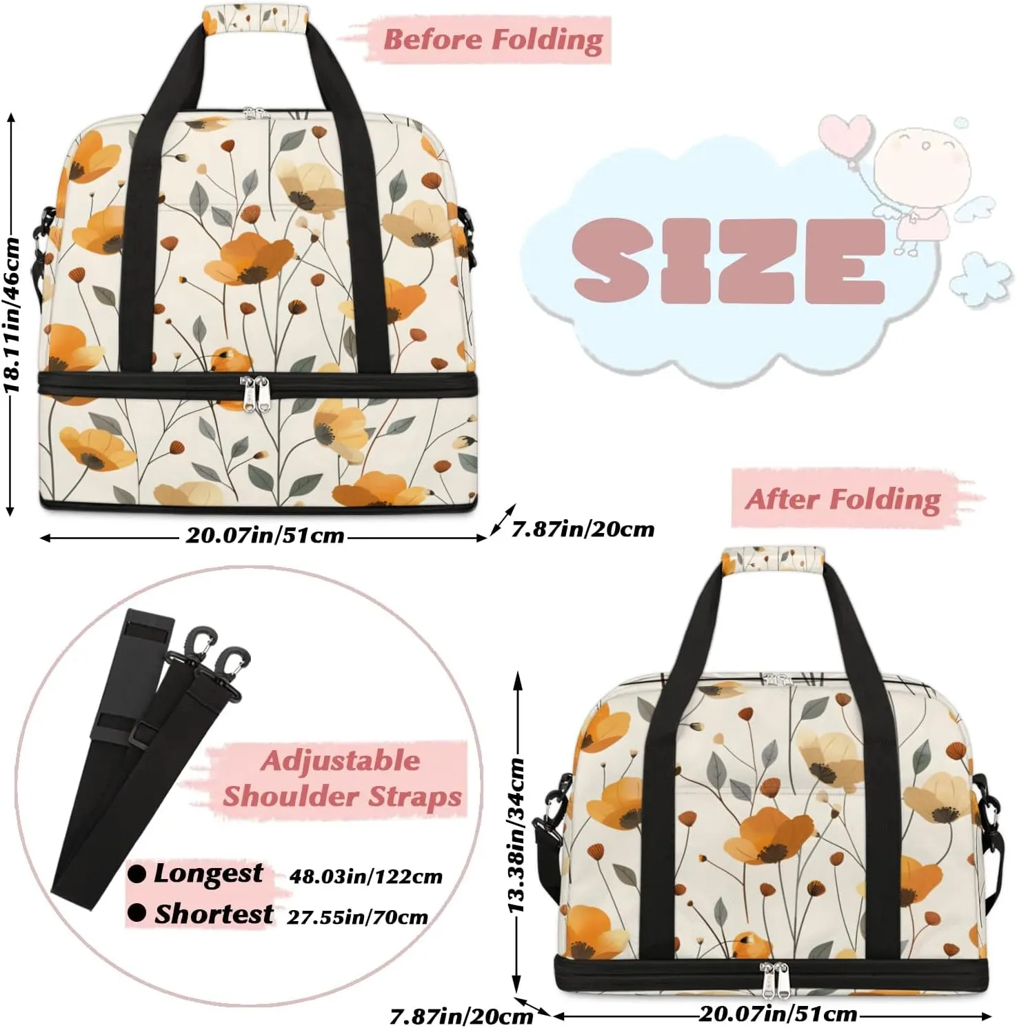 Sports Duffel Bag, Foldable Orange Flower Travel Duffel Bag, Gym Yoga Beach Bag Weekender Overnight Bag with Shoes Compartment for Men Women, Rustic Poppy Floral Farmhouse