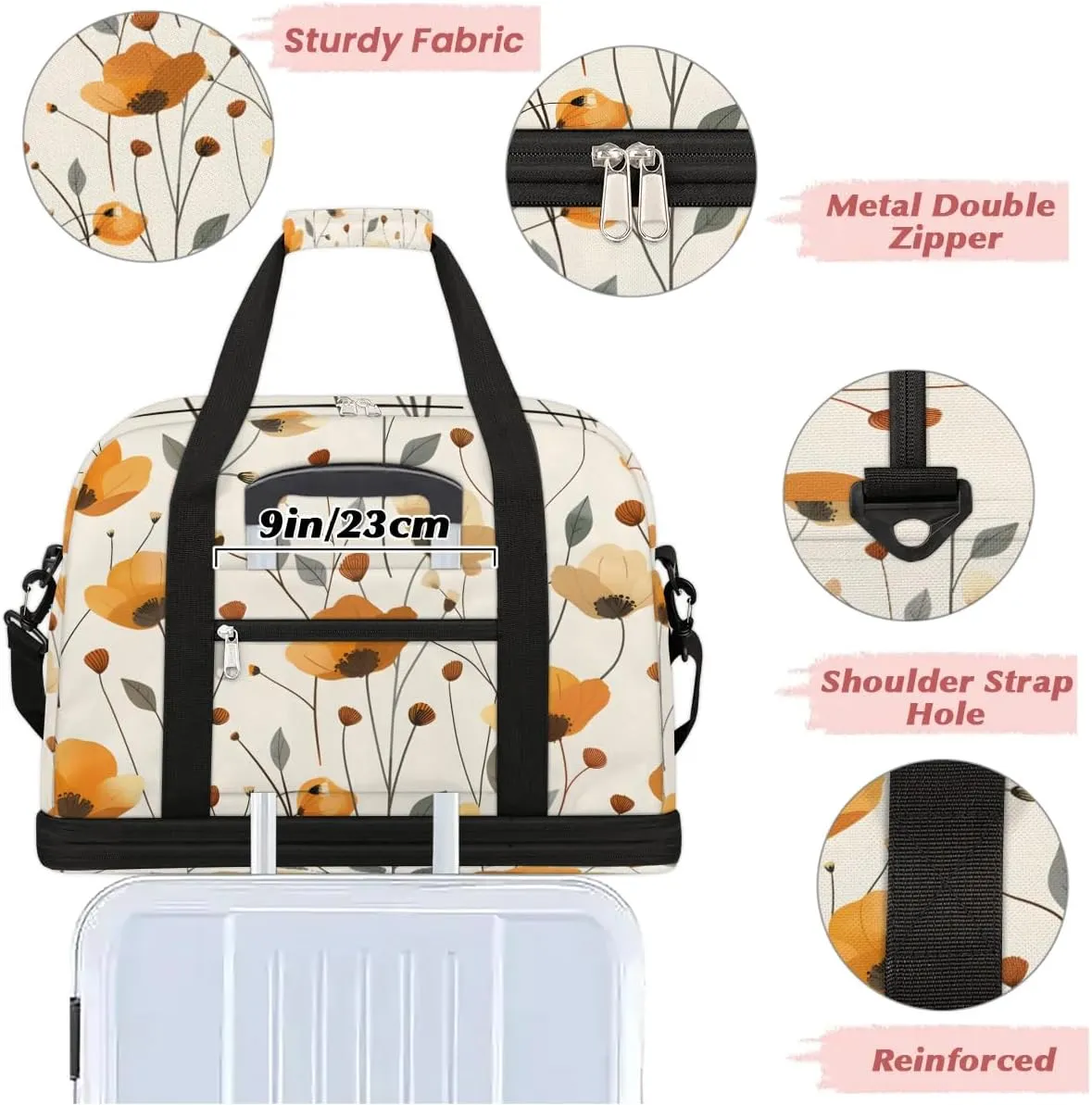 Sports Duffel Bag, Foldable Orange Flower Travel Duffel Bag, Gym Yoga Beach Bag Weekender Overnight Bag with Shoes Compartment for Men Women, Rustic Poppy Floral Farmhouse