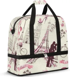 Sports Duffel Bag, Foldable Paris Gym Yoga Beach Bag, Travel Duffel Bags, Weekender Overnight Bag with Shoes Compartment for Men, France Eiffel Tower Couple