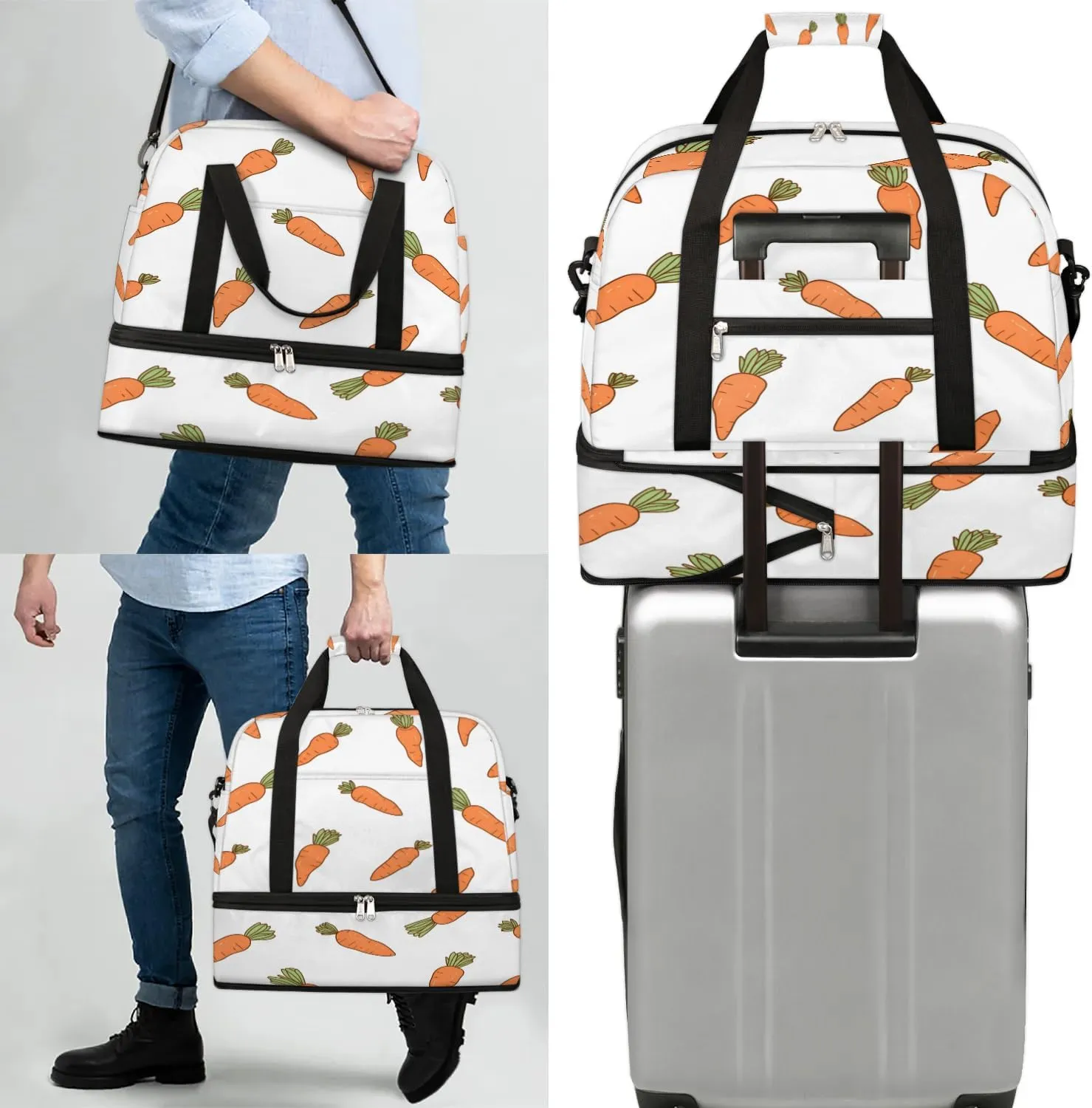 Sports Duffel Bag, Foldable Radish Carrot Travel Duffel Bag, Gym Yoga Beach Bag Weekender Overnight Bag with Shoes Compartment for Men Women, Spring Easter Carrots