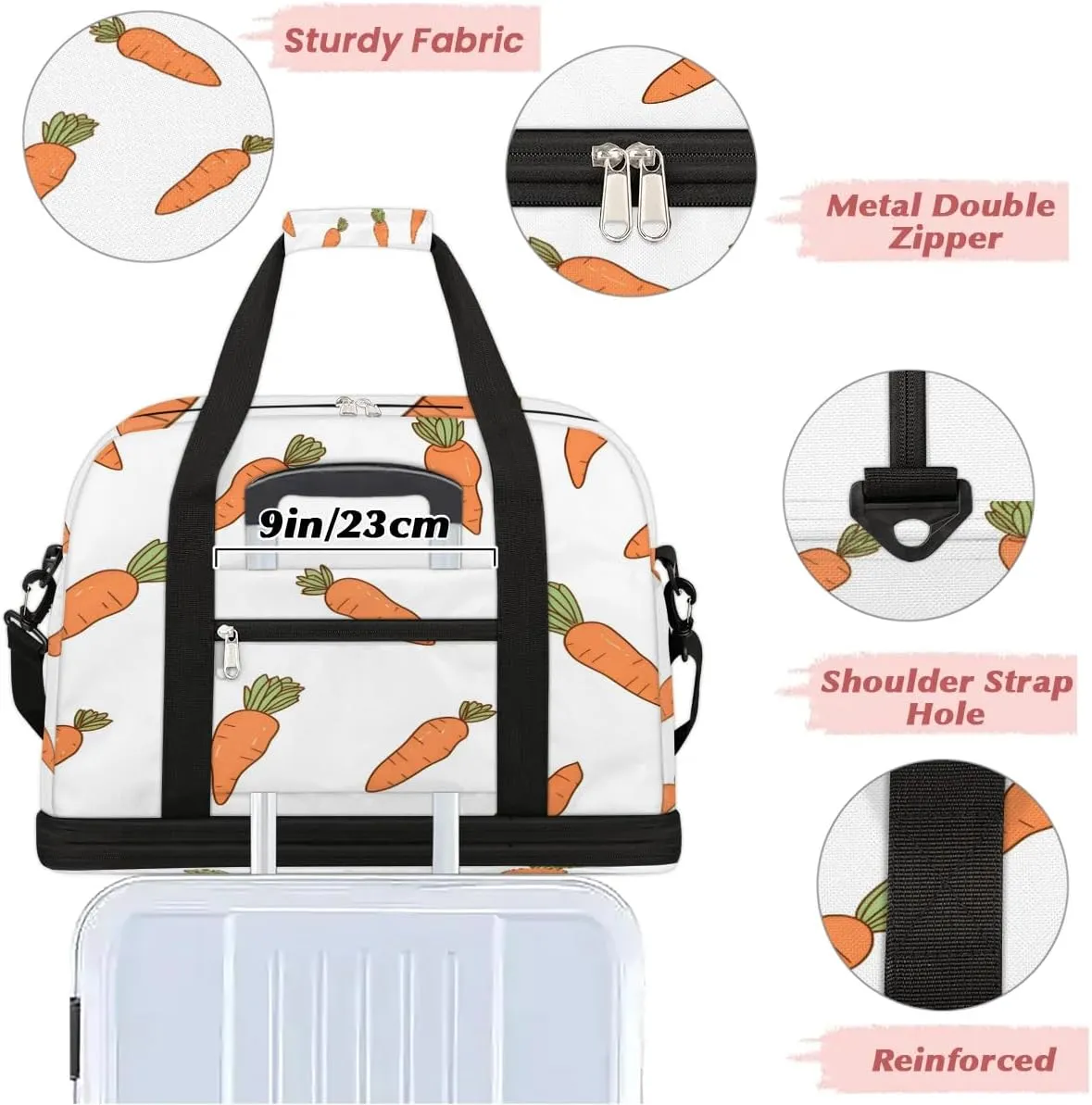 Sports Duffel Bag, Foldable Radish Carrot Travel Duffel Bag, Gym Yoga Beach Bag Weekender Overnight Bag with Shoes Compartment for Men Women, Spring Easter Carrots