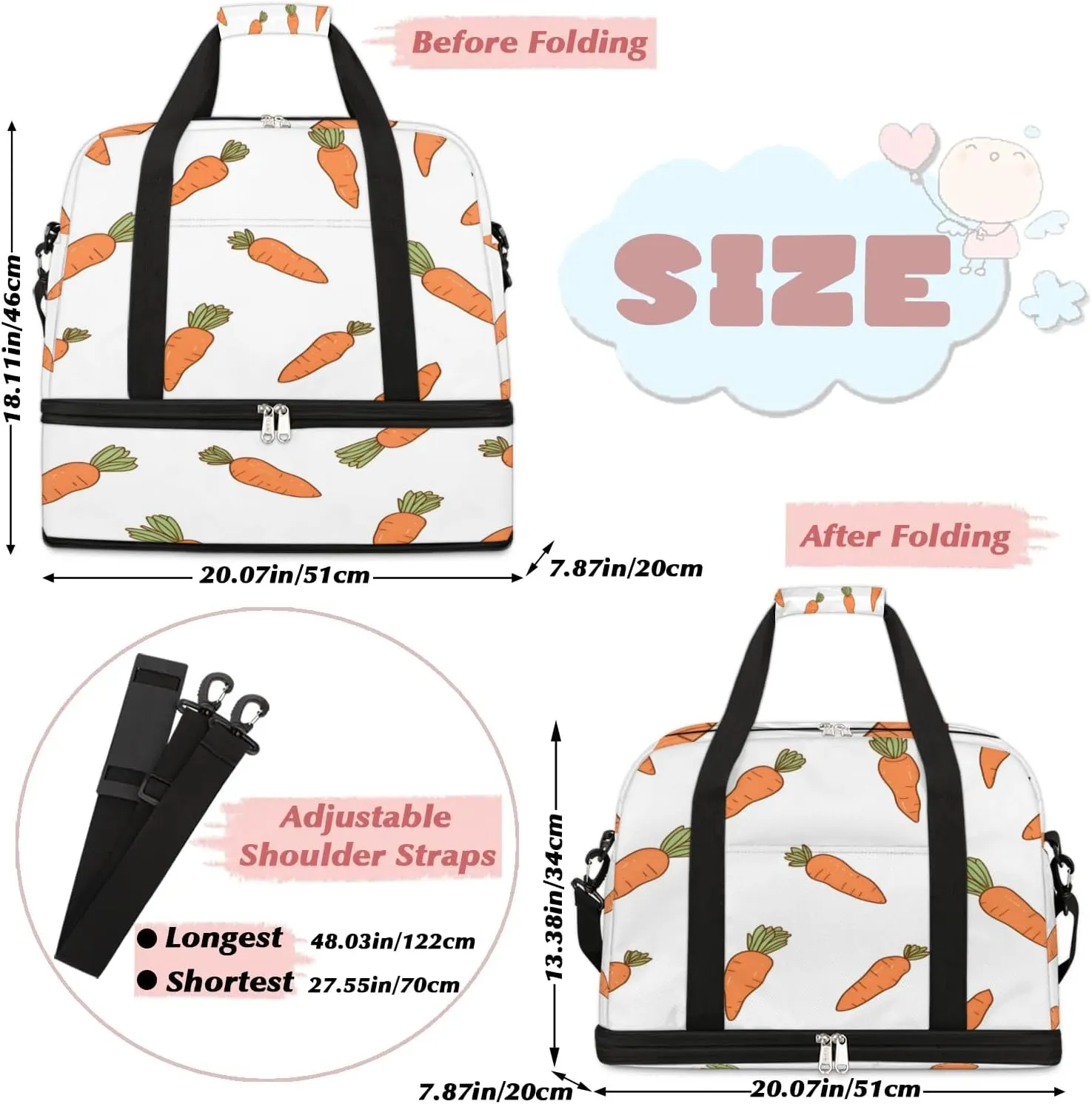 Sports Duffel Bag, Foldable Radish Carrot Travel Duffel Bag, Gym Yoga Beach Bag Weekender Overnight Bag with Shoes Compartment for Men Women, Spring Easter Carrots