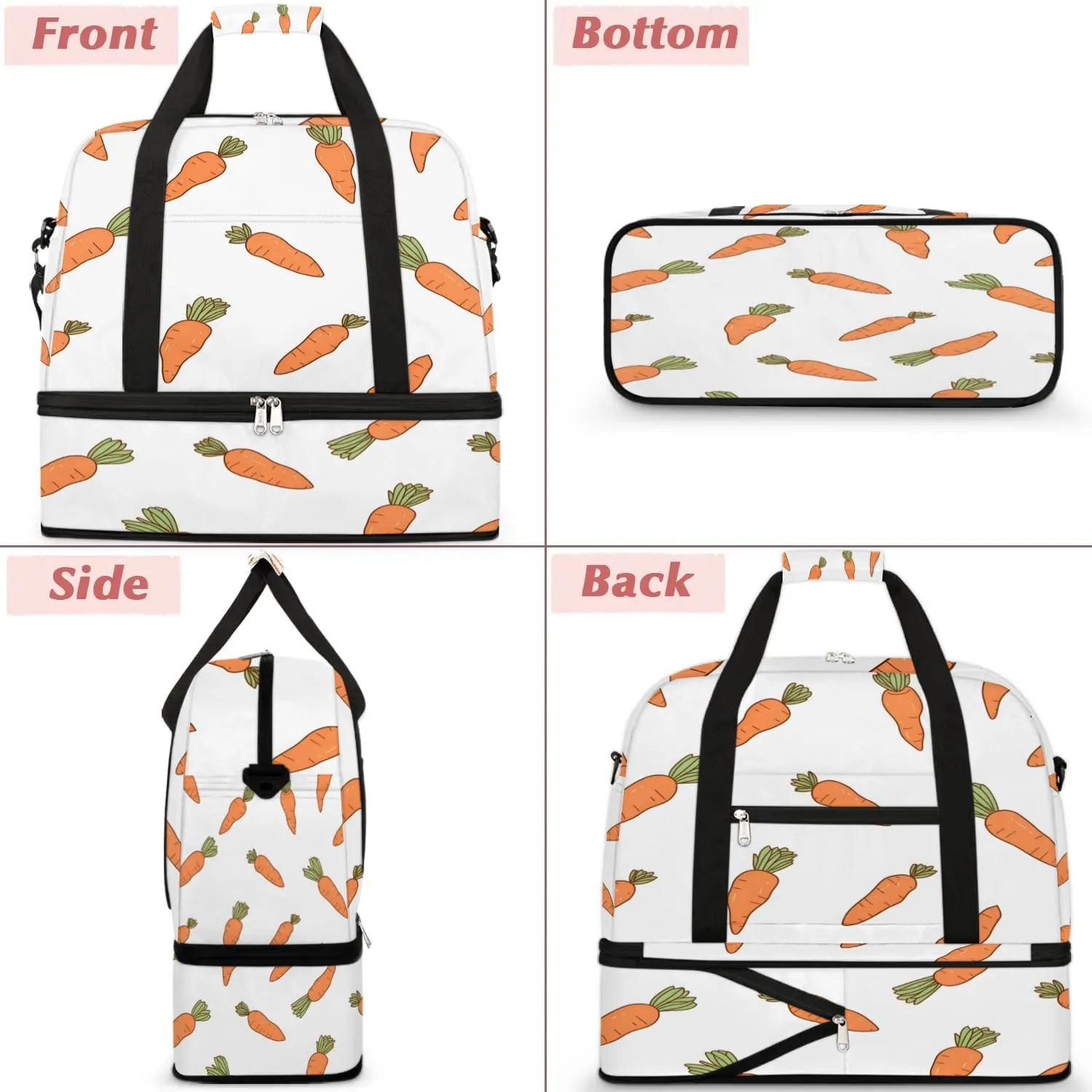 Sports Duffel Bag, Foldable Radish Carrot Travel Duffel Bag, Gym Yoga Beach Bag Weekender Overnight Bag with Shoes Compartment for Men Women, Spring Easter Carrots