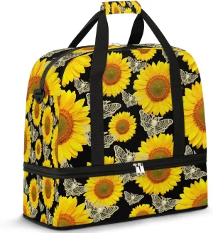 Sports Duffel Bag, Foldable Skull Moth Gothic Travel Duffel Bag, Gym Yoga Beach Bag Weekender Overnight Bag with Shoes Compartment for Men Women, Butterfly Scary Halloween Sunflower