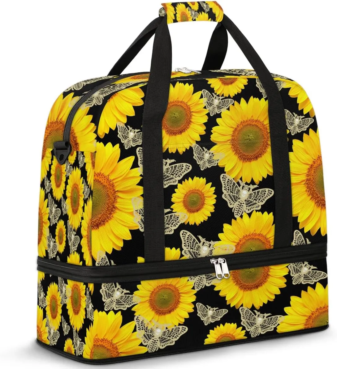 Sports Duffel Bag, Foldable Skull Moth Gothic Travel Duffel Bag, Gym Yoga Beach Bag Weekender Overnight Bag with Shoes Compartment for Men Women, Butterfly Scary Halloween Sunflower