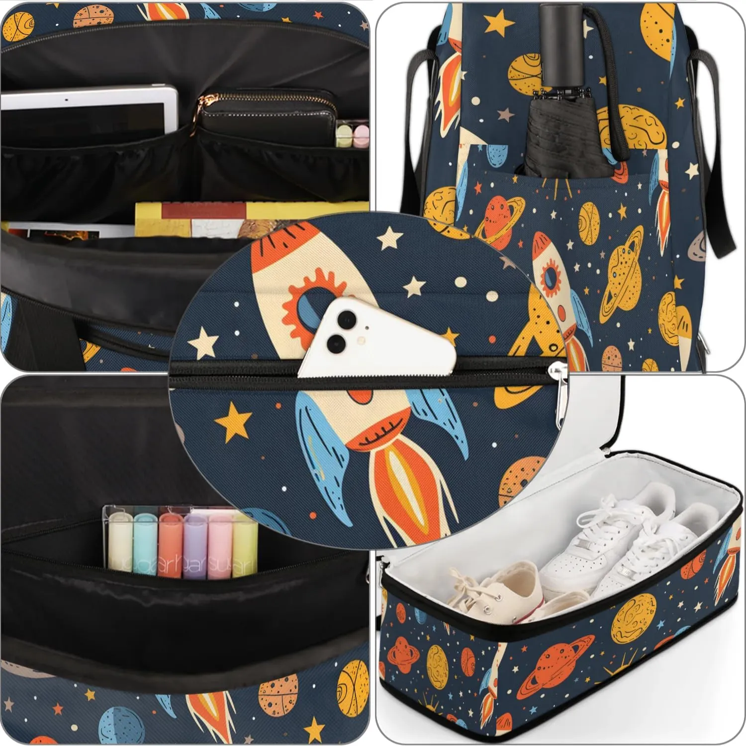 Sports Duffel Bag, Foldable Solar System Space Travel Duffel Bag, Gym Yoga Beach Bag Weekender Overnight Bag with Shoes Compartment for Men Women, Rockets Planet
