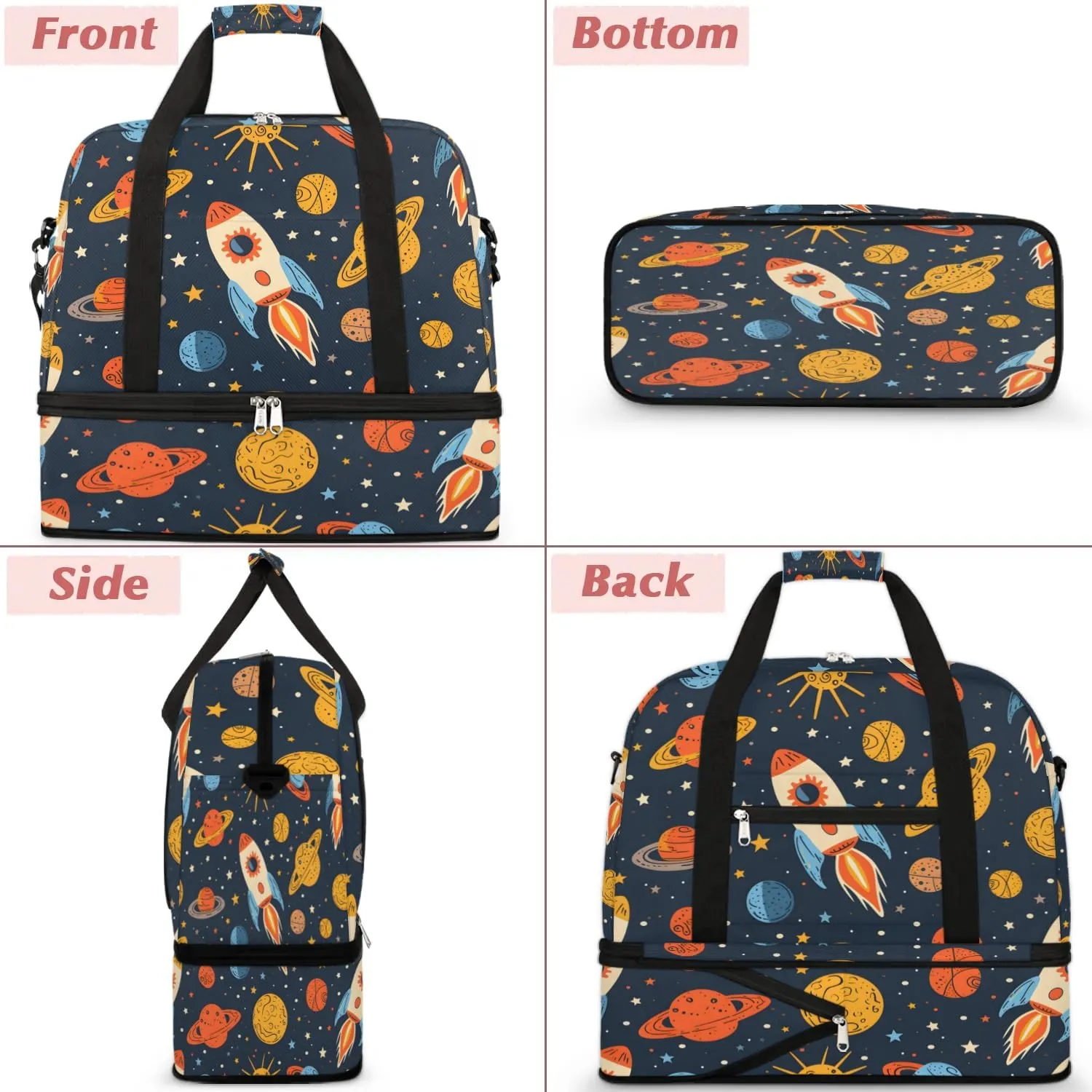 Sports Duffel Bag, Foldable Solar System Space Travel Duffel Bag, Gym Yoga Beach Bag Weekender Overnight Bag with Shoes Compartment for Men Women, Rockets Planet