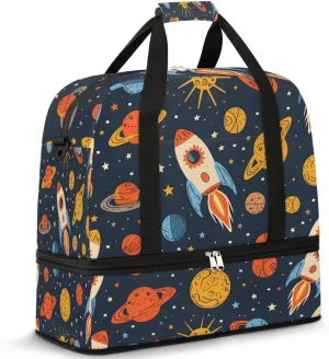 Sports Duffel Bag, Foldable Solar System Space Travel Duffel Bag, Gym Yoga Beach Bag Weekender Overnight Bag with Shoes Compartment for Men Women, Rockets Planet