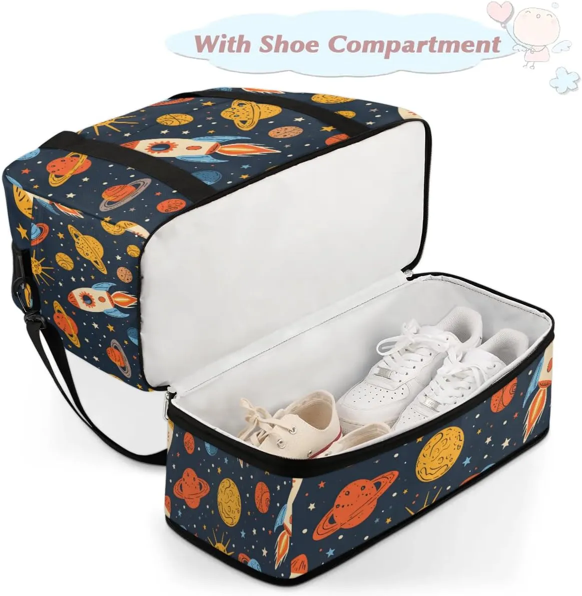 Sports Duffel Bag, Foldable Solar System Space Travel Duffel Bag, Gym Yoga Beach Bag Weekender Overnight Bag with Shoes Compartment for Men Women, Rockets Planet