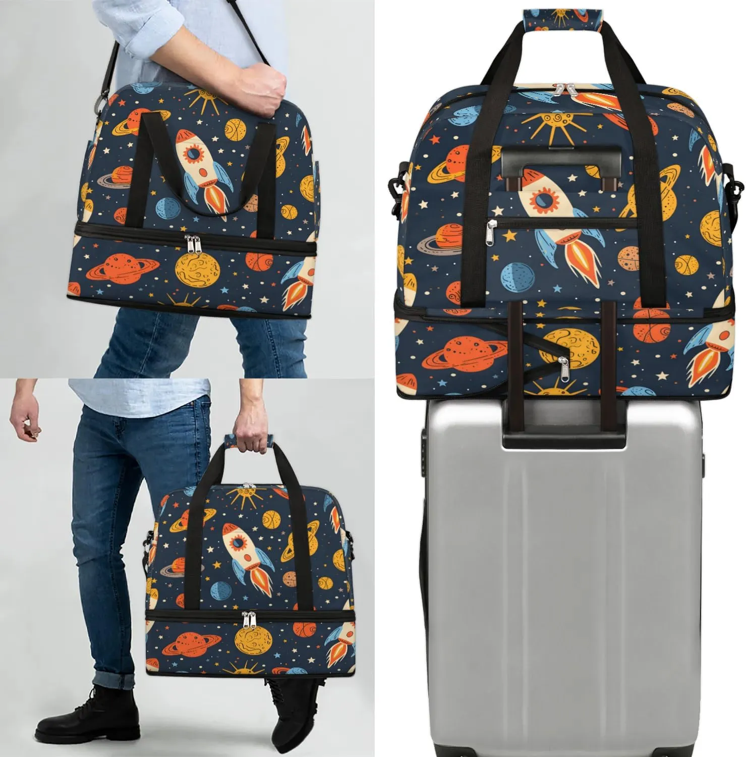 Sports Duffel Bag, Foldable Solar System Space Travel Duffel Bag, Gym Yoga Beach Bag Weekender Overnight Bag with Shoes Compartment for Men Women, Rockets Planet