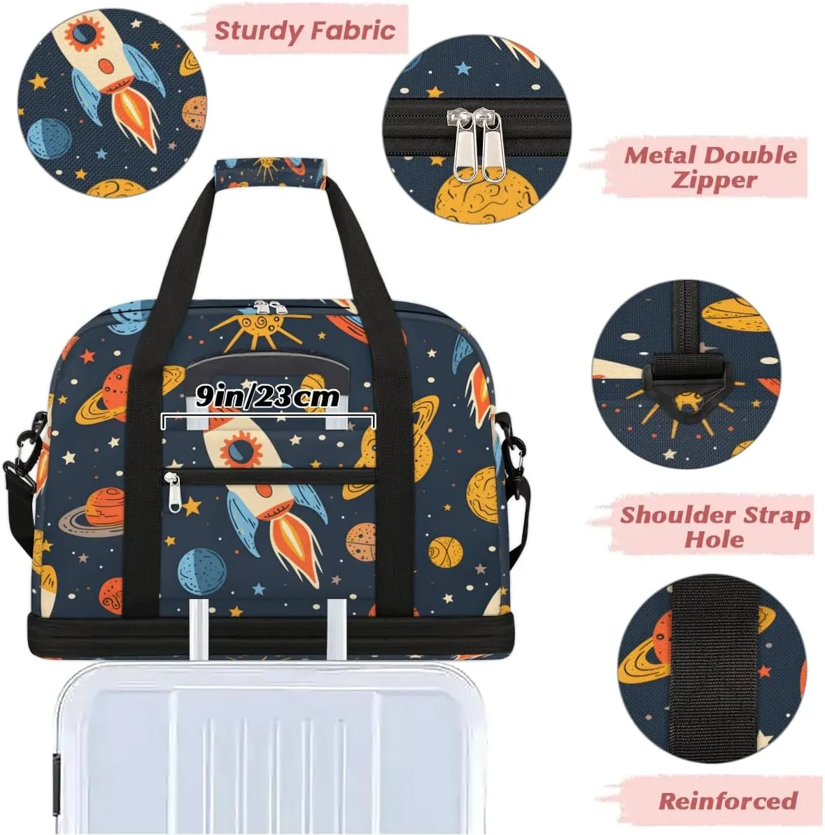 Sports Duffel Bag, Foldable Solar System Space Travel Duffel Bag, Gym Yoga Beach Bag Weekender Overnight Bag with Shoes Compartment for Men Women, Rockets Planet