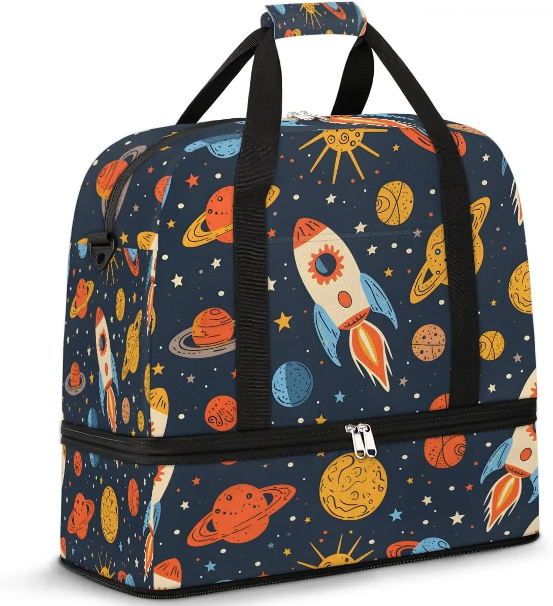 Sports Duffel Bag, Foldable Solar System Space Travel Duffel Bag, Gym Yoga Beach Bag Weekender Overnight Bag with Shoes Compartment for Men Women, Rockets Planet