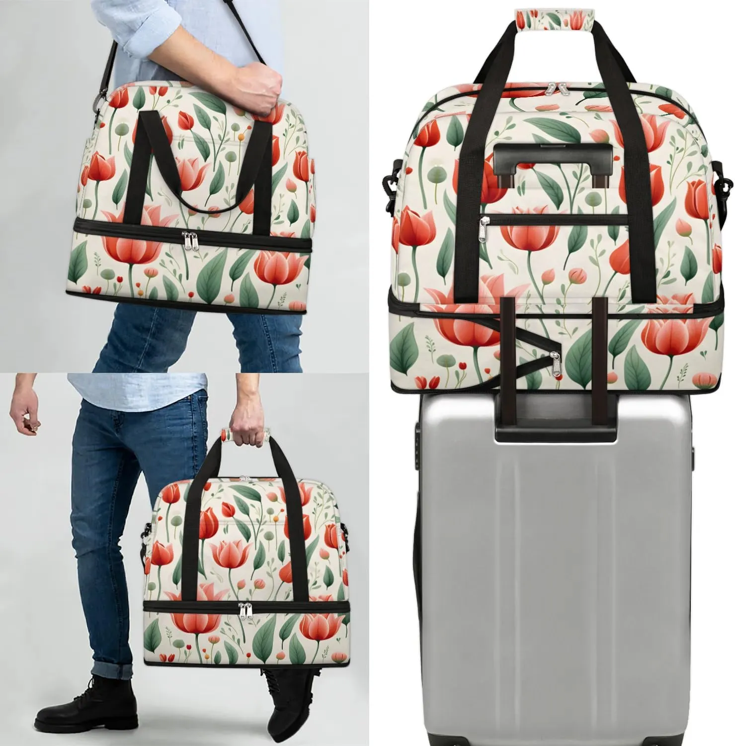 Sports Duffel Bag, Foldable Spring Summer Tulip Flower Travel Duffel Bag, Gym Yoga Beach Bag Weekender Overnight Bag with Shoes Compartment for Men Women, Red Tulip