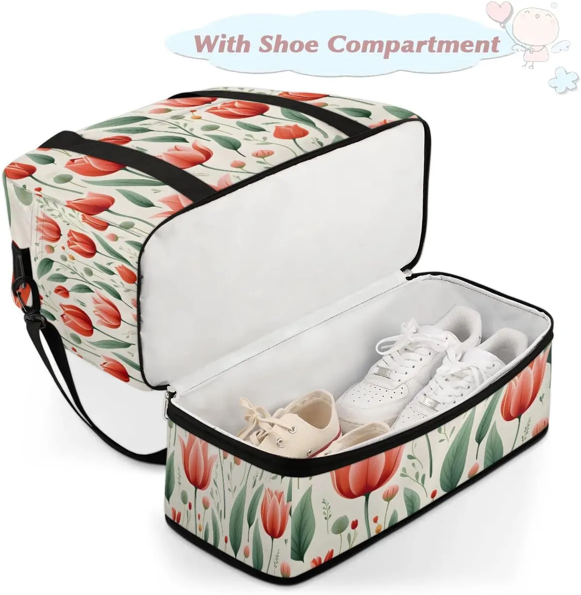 Sports Duffel Bag, Foldable Spring Summer Tulip Flower Travel Duffel Bag, Gym Yoga Beach Bag Weekender Overnight Bag with Shoes Compartment for Men Women, Red Tulip
